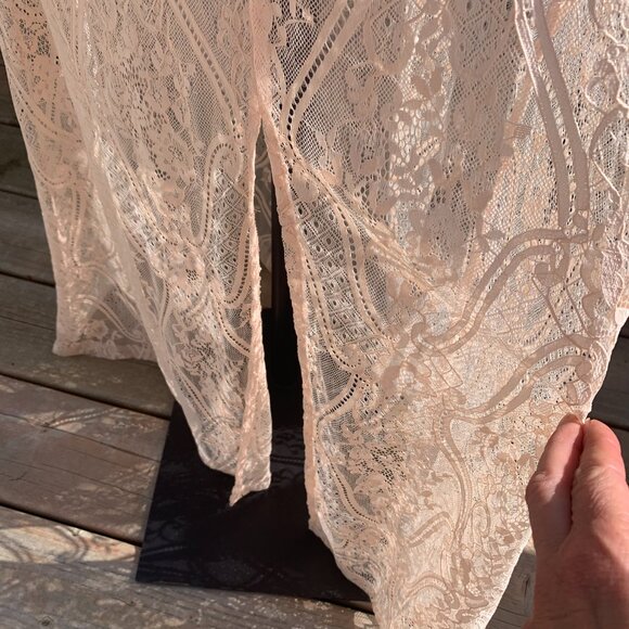 Vintage Hand Sewn Peach Sheer Lace Maxi Dress Long Gown - Picture 4 of 16